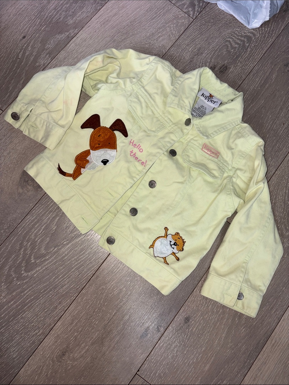 Kids Pale Yellow Embroidered Dog Jean Jacket by